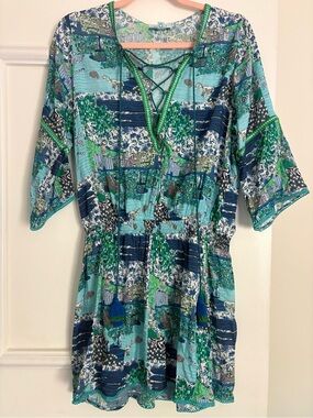 NWT Taj Sabrina Crippa Blue, Green Hand Embroidered Coverup small